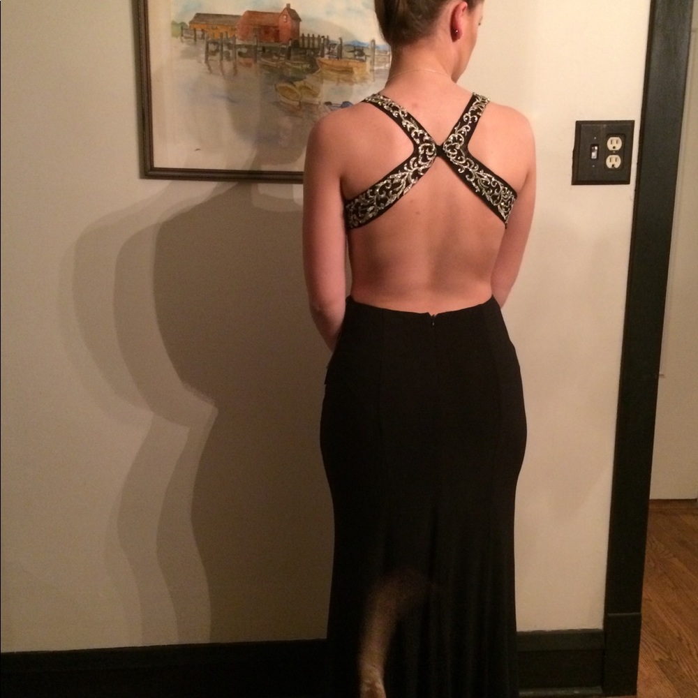 Black and gold petite prom dress